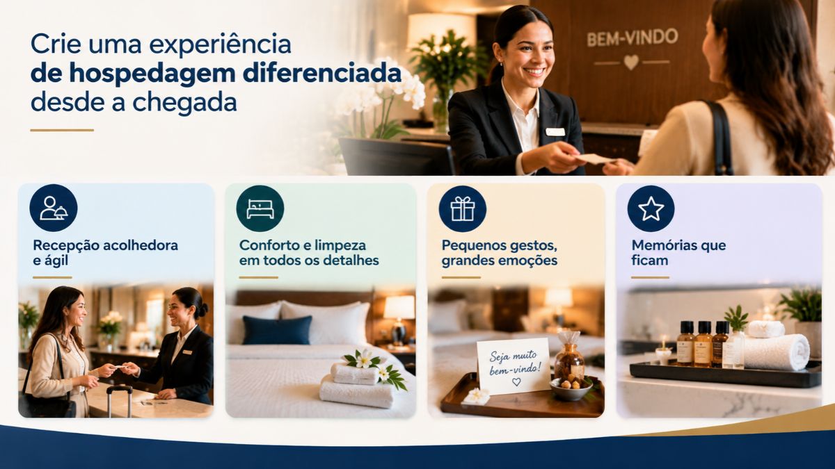 Infográfico explicativo sobre como criar uma experiência de hospedagem diferenciada desde a chegada destacando recepção acolhedora, conforto, pequenos gestos e memórias inesquecíveis.