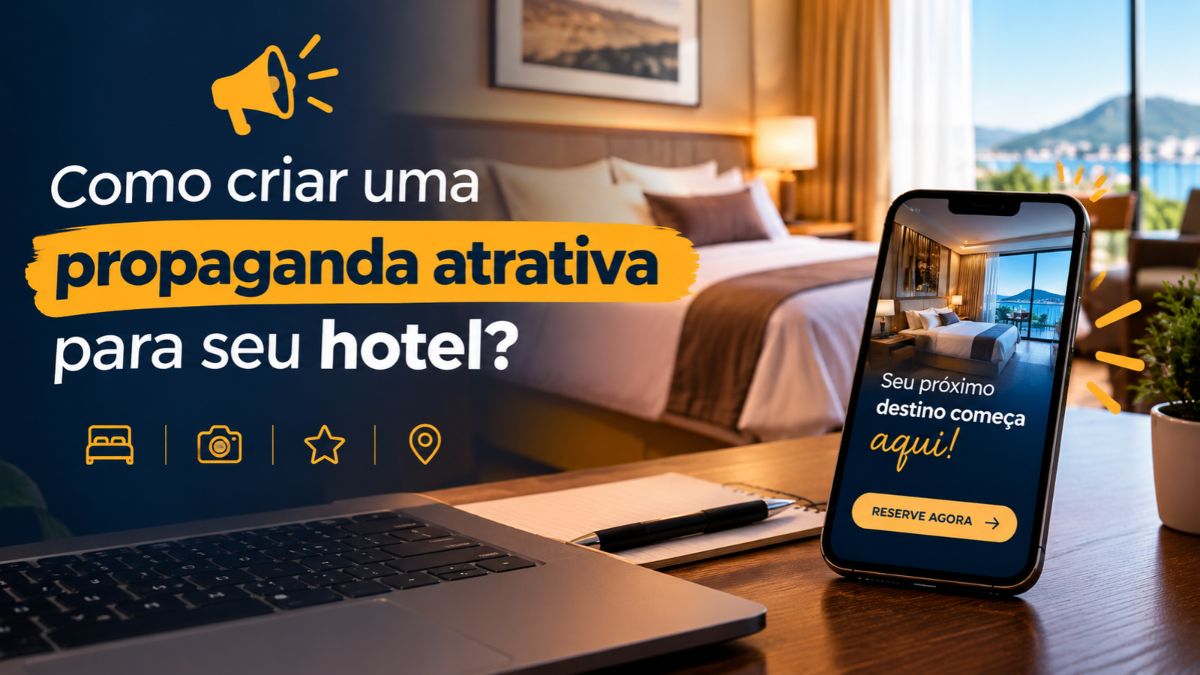 Banner digital sobre como criar uma propaganda atrativa para seu hotel com um notebook, smartphone exibindo a tela de reserva e um quarto aconchegante ao fundo.