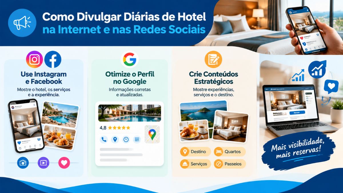 Infográfico explicativo sobre como divulgar diárias de hotel na internet e nas redes sociais com foco em Instagram, perfil do Google e conteúdos estratégicos.