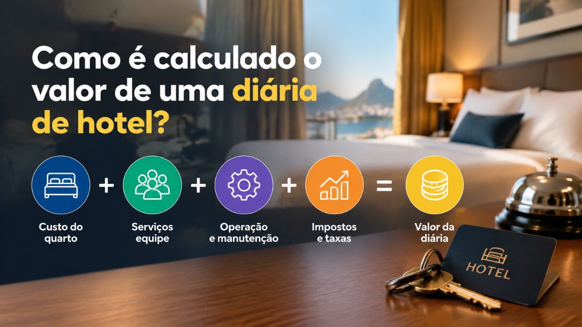 Infográfico explicativo sobre como é calculado o valor de uma diária de hotel mostrando a soma do custo do quarto, serviços da equipe, operação e manutenção, e impostos e taxas.
