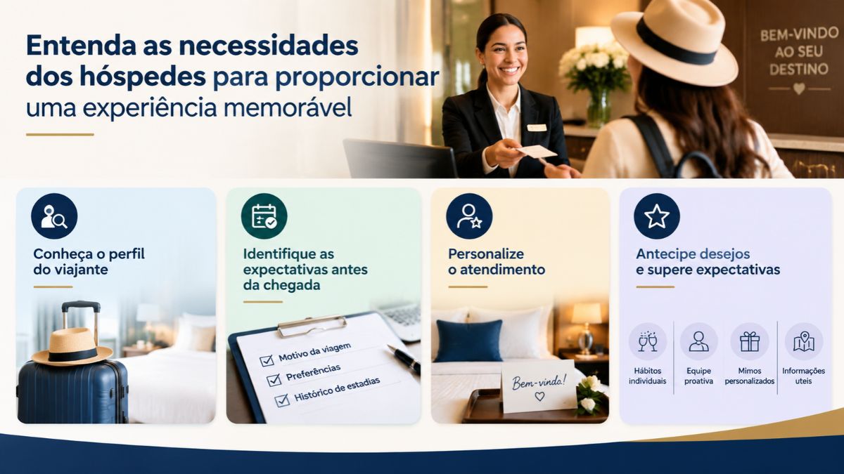 Infográfico explicativo sobre como entender as necessidades dos hóspedes com etapas de identificação de perfil, atendimento personalizado e antecipação de desejos na hotelaria.