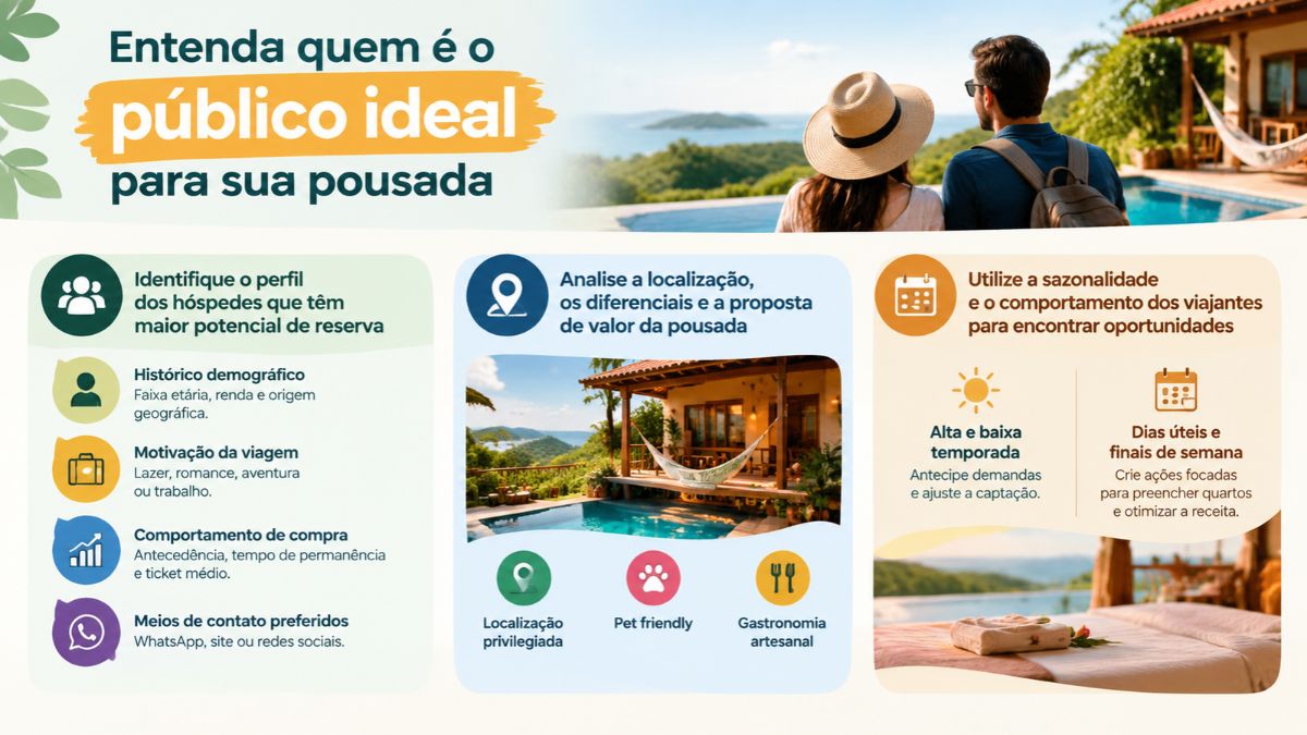 Infográfico explicativo detalhando como identificar o perfil de hóspedes, localização e sazonalidade para definir o público ideal de uma pousada.