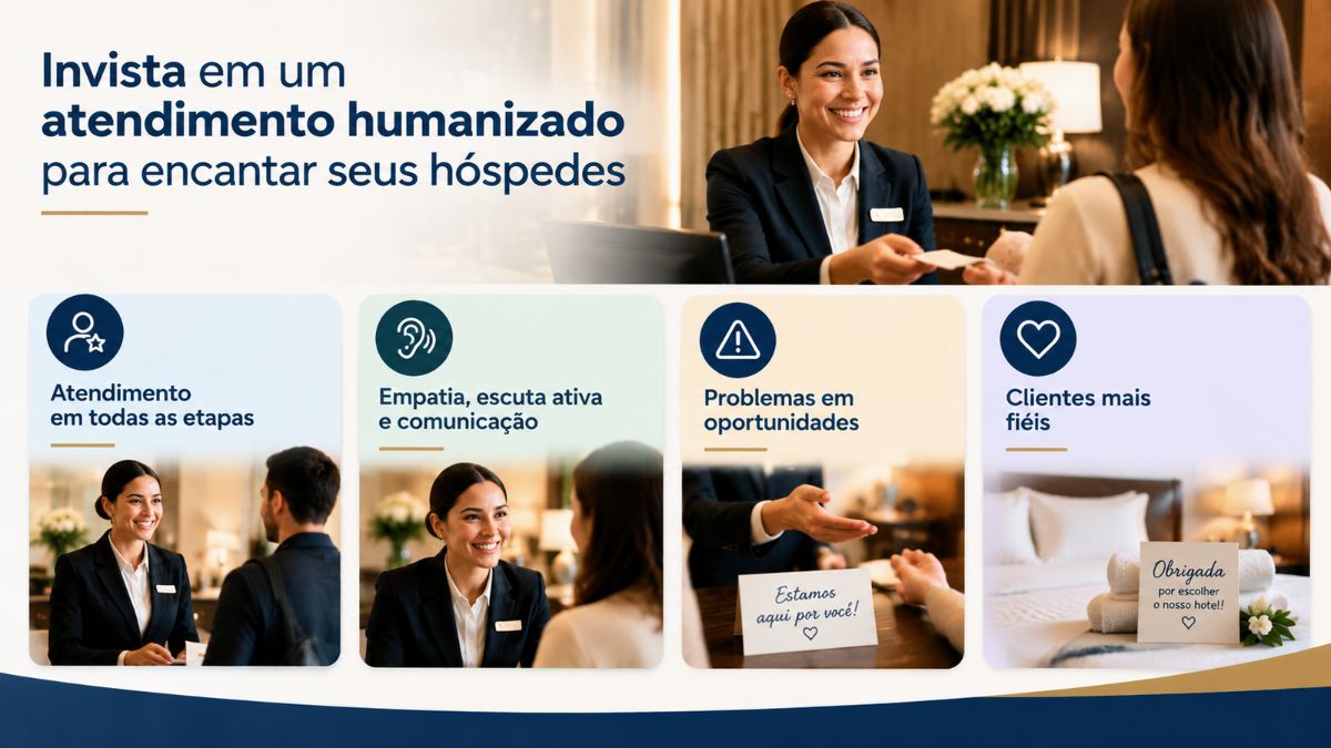 Infográfico explicativo sobre atendimento humanizado na hotelaria destacando empatia, escuta ativa, resolução de problemas e fidelização de clientes.