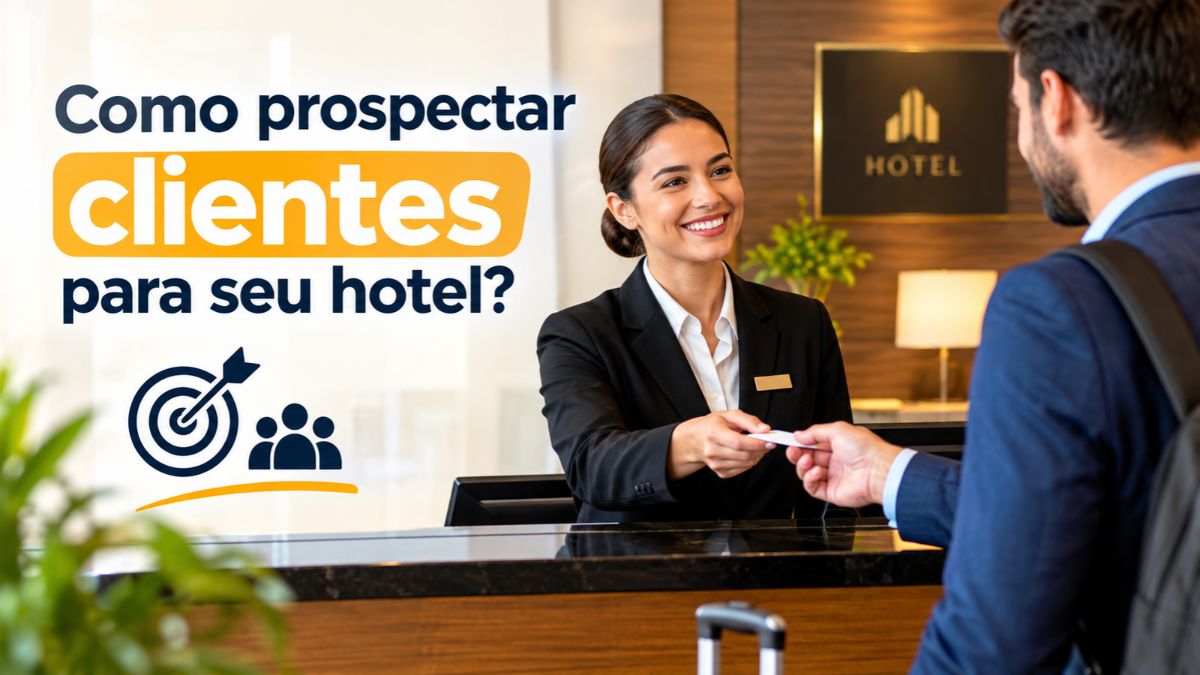 Recepcionista de hotel sorridente entregando cartão de acesso a um hóspede no balcão de atendimento, ilustrando a estratégia de como prospectar clientes para seu hotel.
