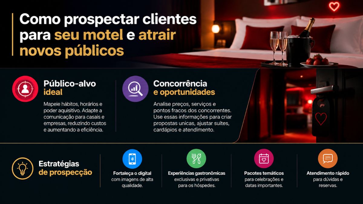 Infográfico explicativo sobre como prospectar clientes para seu motel destacando público alvo ideal, análise de concorrência, estratégias de prospecção e ambiente decorado de suíte ao fundo.