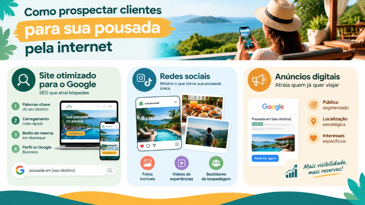 Infográfico sobre prospecção de hóspedes pela internet destacando site otimizado, redes sociais e anúncios digitais para pousadas.