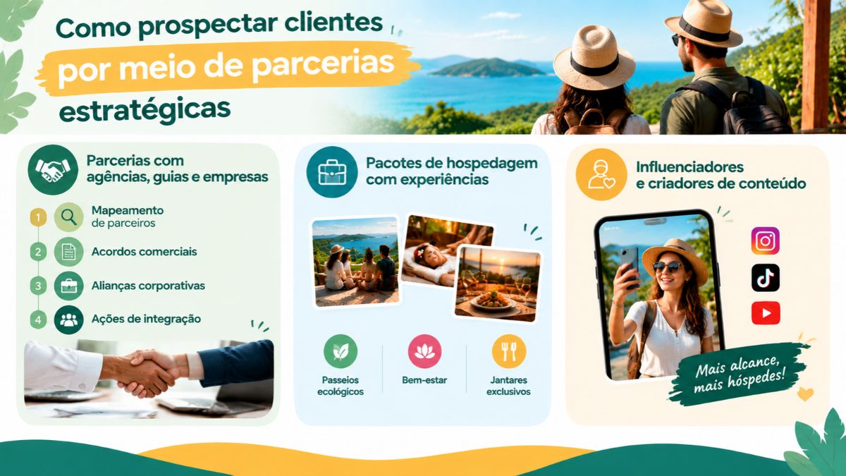 Infográfico sobre como prospectar clientes por meio de parcerias estratégicas com agências, guias locais, pacotes de experiências e influenciadores digitais.