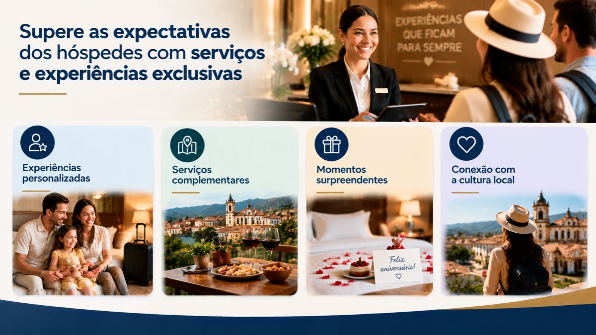 Infográfico explicativo sobre hospitalidade destacando experiências personalizadas, serviços complementares, momentos surpreendentes e conexão com a cultura local na hotelaria.