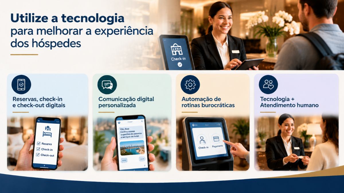 Infográfico explicativo sobre inovação tecnológica na hotelaria destacando check-in digital, comunicação personalizada, automação burocrática e atendimento humanizado.