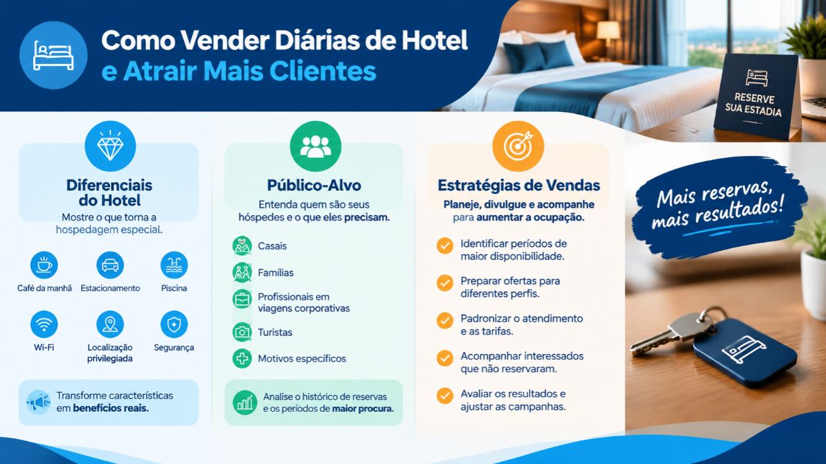 Infográfico sobre como vender diárias de hotel mostrando diferenciais do estabelecimento, definição de público-alvo e estratégias de vendas para aumentar reservas.