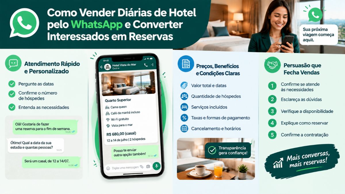 Infográfico explicativo sobre como vender diárias de hotel pelo WhatsApp, destacando atendimento personalizado, transparência de preços e técnicas de persuasão para fechar vendas.