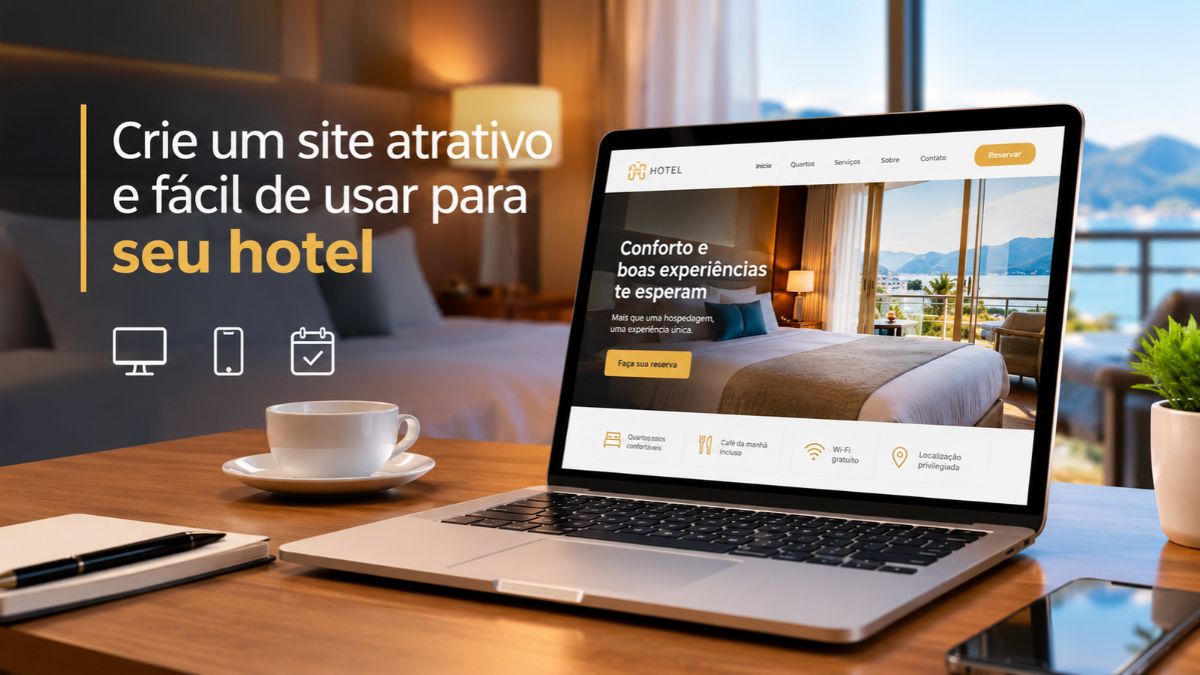 Site de hotel com design moderno, laptop exibindo página de reservas, quarto confortável e interface intuitiva para hóspedes.