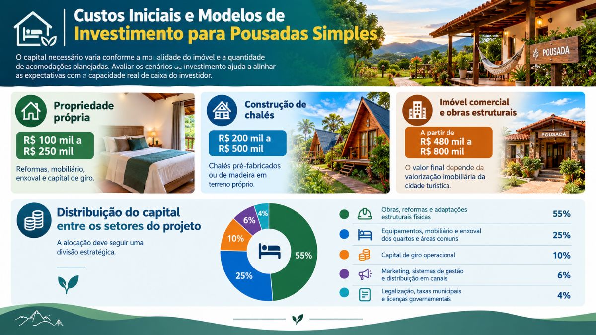 Infográfico sobre custos iniciais e modelos de investimento para pousadas simples apresentando cenários de propriedade própria, construção de chalés, imóvel comercial e gráfico de distribuição de capital.