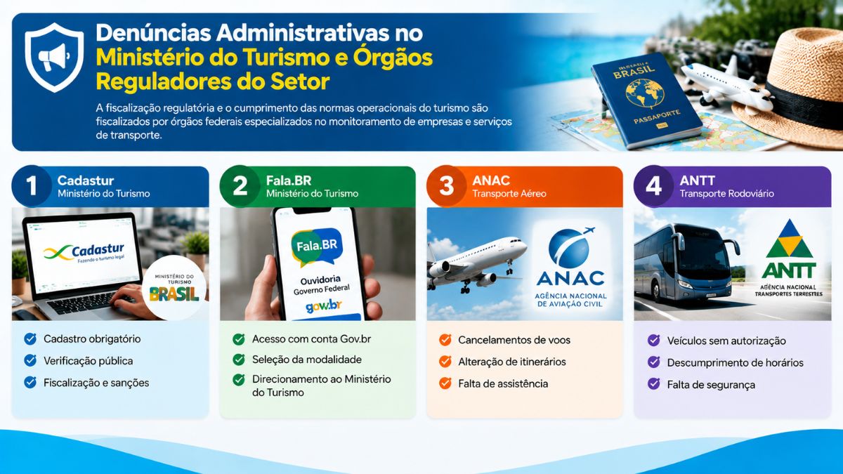 Infográfico educativo sobre denúncias administrativas no Ministério do Turismo, Cadastur, Fala.BR, ANAC e ANTT.