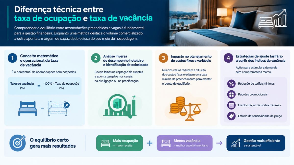 Infográfico explicativo sobre a diferença técnica entre taxa de ocupação e taxa de vacância hoteleira, mostrando conceito matemático, análise de ociosidade, impacto nos custos e estratégias de ajuste tarifário.