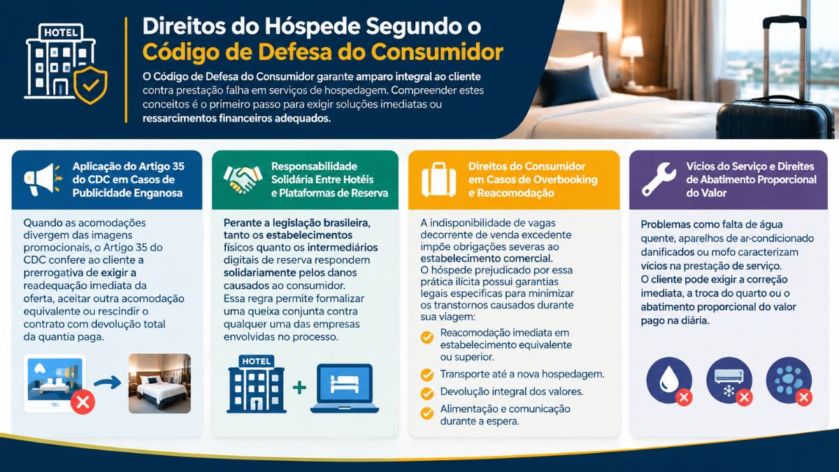 Infográfico explicativo detalhando os direitos do hóspede segundo o Código de Defesa do Consumidor para reclamação de hotel.