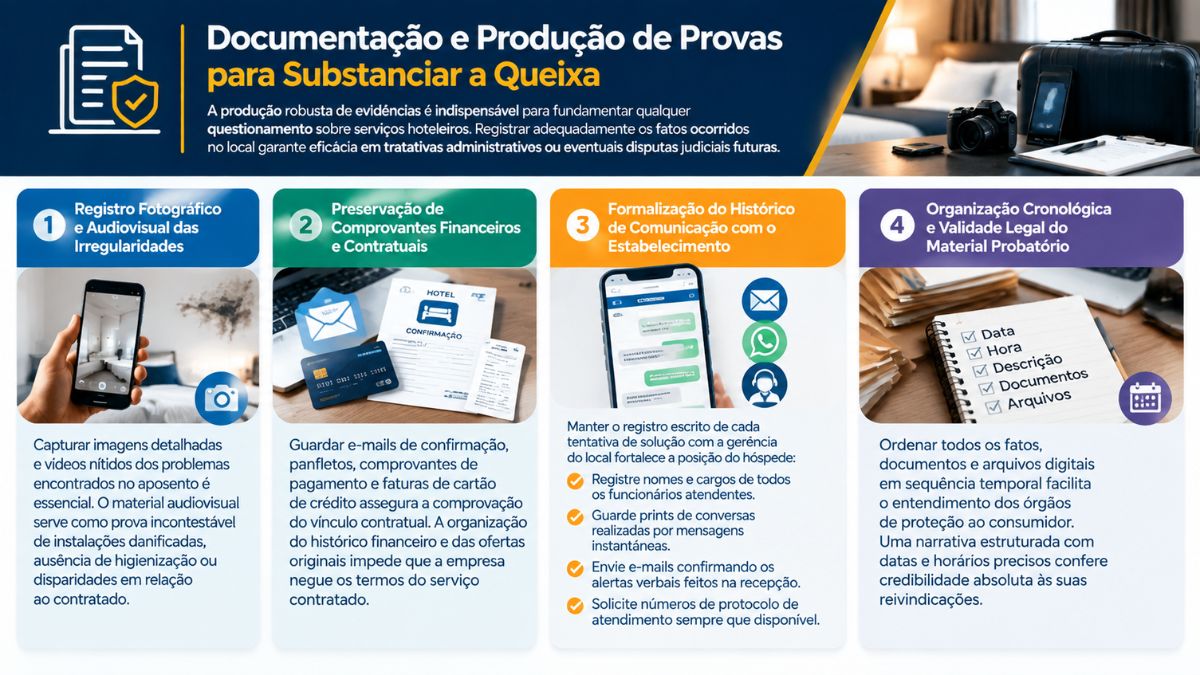 Infográfico explicativo sobre a documentação e produção de provas para substanciar uma reclamação de hotel.