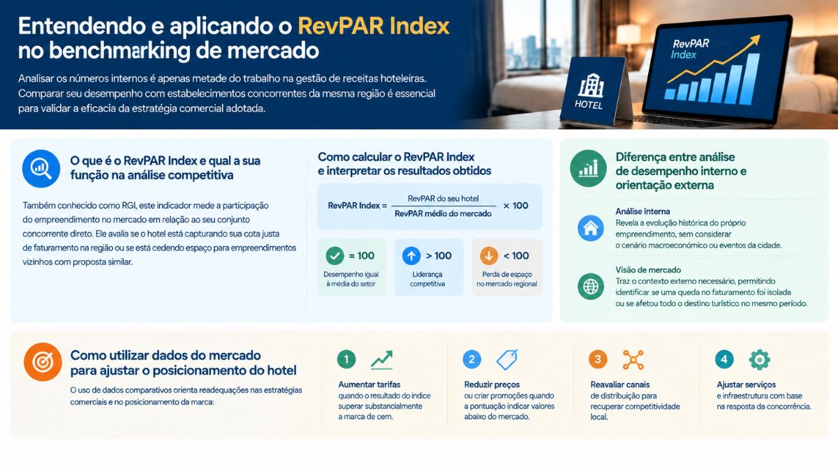 Infográfico sobre RevPAR Index no benchmarking hoteleiro, explicando o conceito de RGI, a fórmula de cálculo comparativo com o mercado, a diferença entre análise interna e visão externa, e ações para ajustar o posicionamento do hotel.