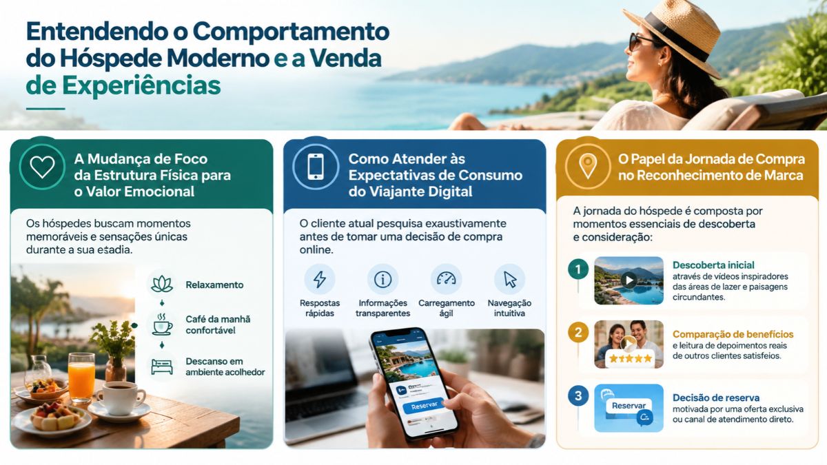 Infográfico sobre como entender o comportamento do hóspede moderno e criar uma propaganda atrativa para seu hotel focada em experiências.