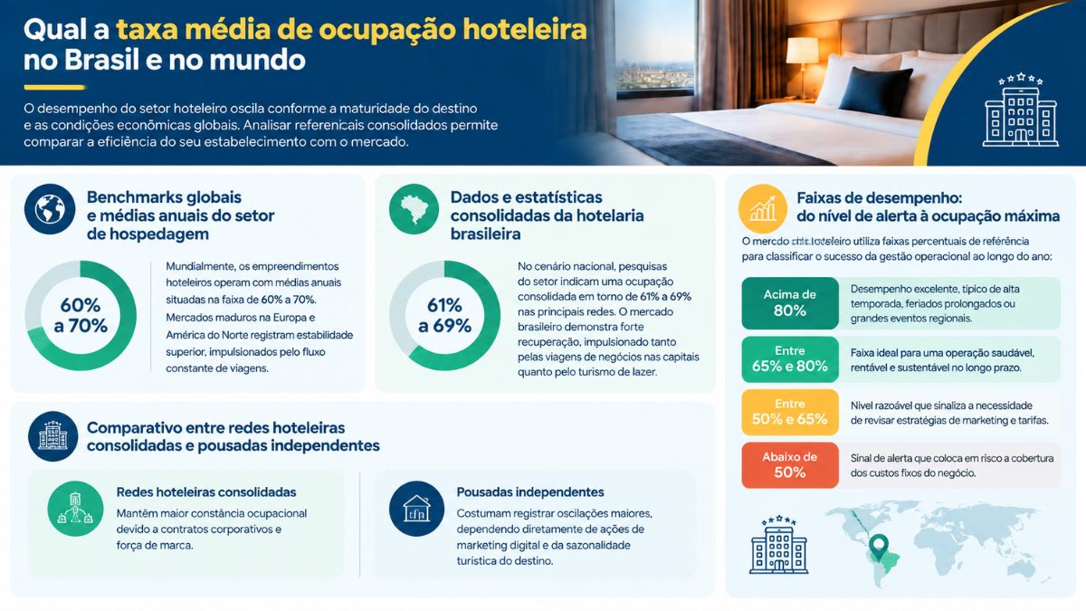 Infográfico detalhado apresentando os benchmarks globais, dados consolidados da hotelaria brasileira, faixas de desempenho e comparativo entre redes e pousadas.