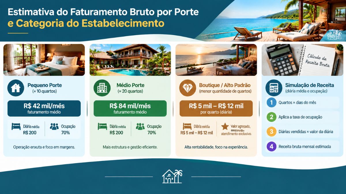 Infográfico sobre estimativa do faturamento bruto por porte e categoria de pousada, apresentando dados de pequeno porte, médio porte, pousada boutique de alto padrão e passos para simulação de receita.