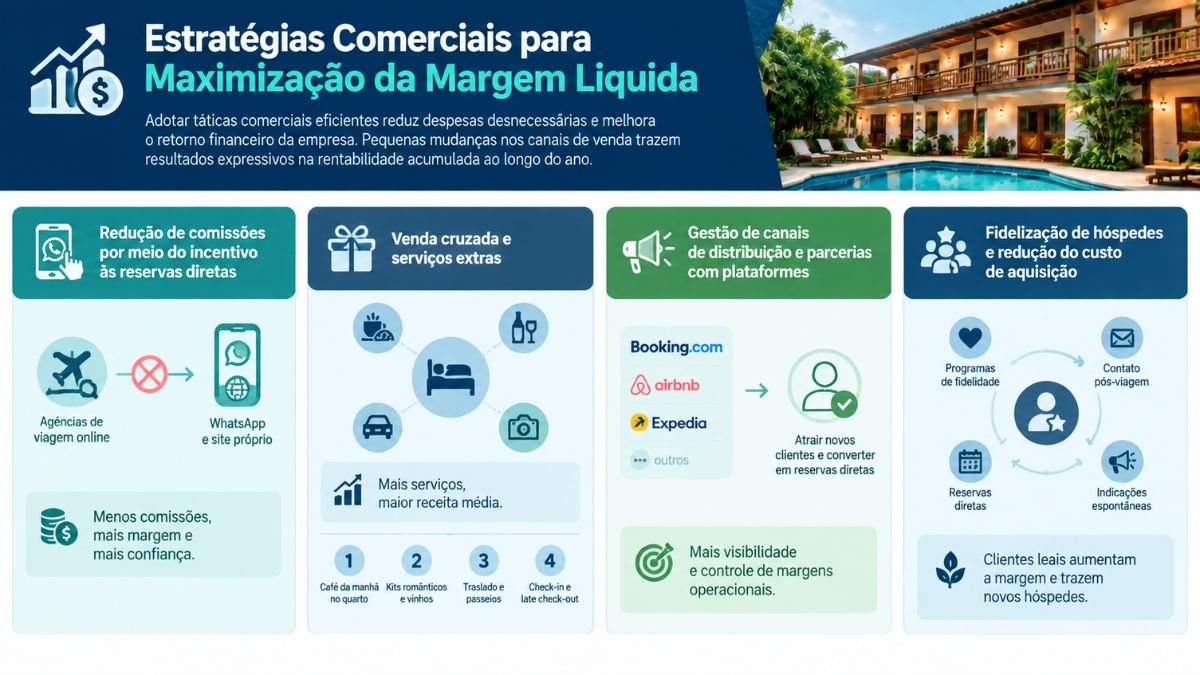 Infográfico com estratégias comerciais para maximização da margem líquida em pousadas incluindo reservas diretas, venda cruzada, gestão de canais e fidelização.