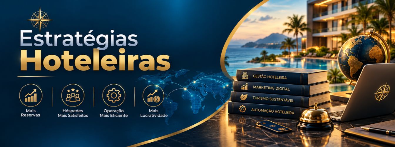 Banner ilustrativo sobre estratégias hoteleiras destacando pilares como mais reservas, satisfação de hóspedes, eficiência operacional, lucratividade, gestão, marketing digital, turismo sustentável e automação.