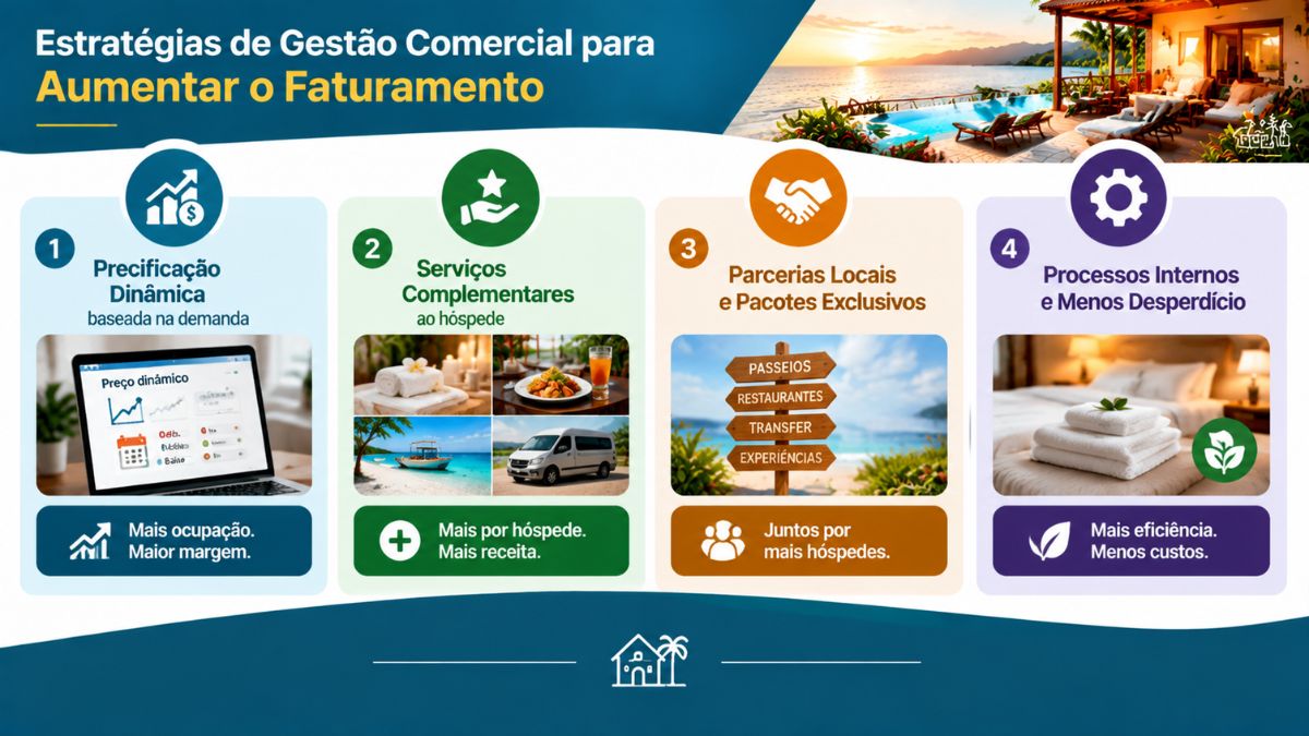 Infográfico sobre estratégias de gestão comercial para aumentar o faturamento de pousadas, detalhando precificação dinâmica, serviços complementares, parcerias locais e otimização de processos internos.