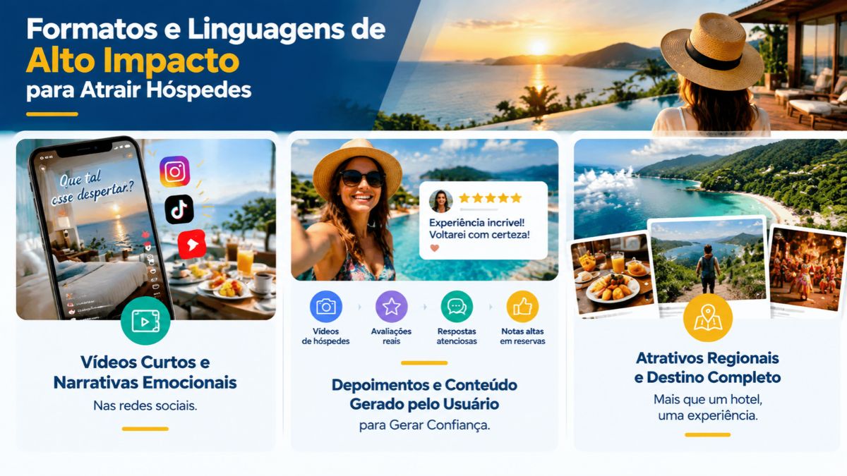 Infográfico explicativo sobre formatos de propaganda para hotéis mostrando vídeos curtos nas redes sociais, depoimentos de clientes e divulgação do destino turístico.