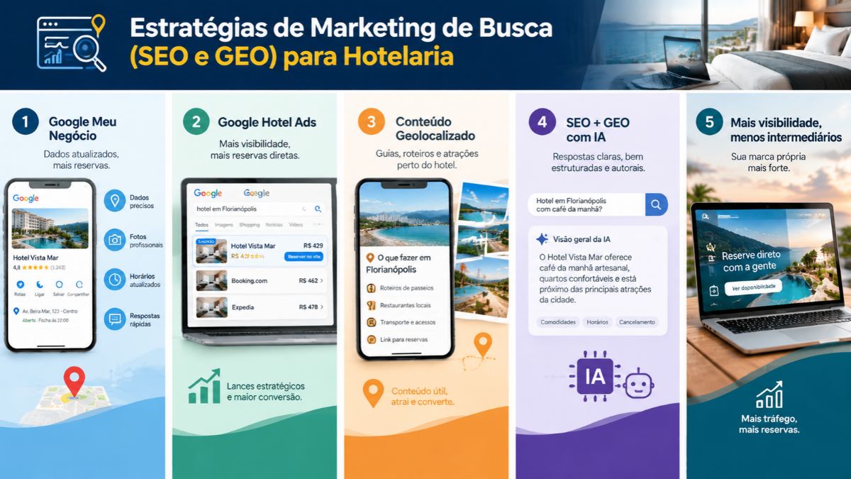 Infográfico sobre estratégias de marketing de busca SEO e GEO para hotelaria, mostrando otimização local, Google Hotel Ads e inteligência artificial.