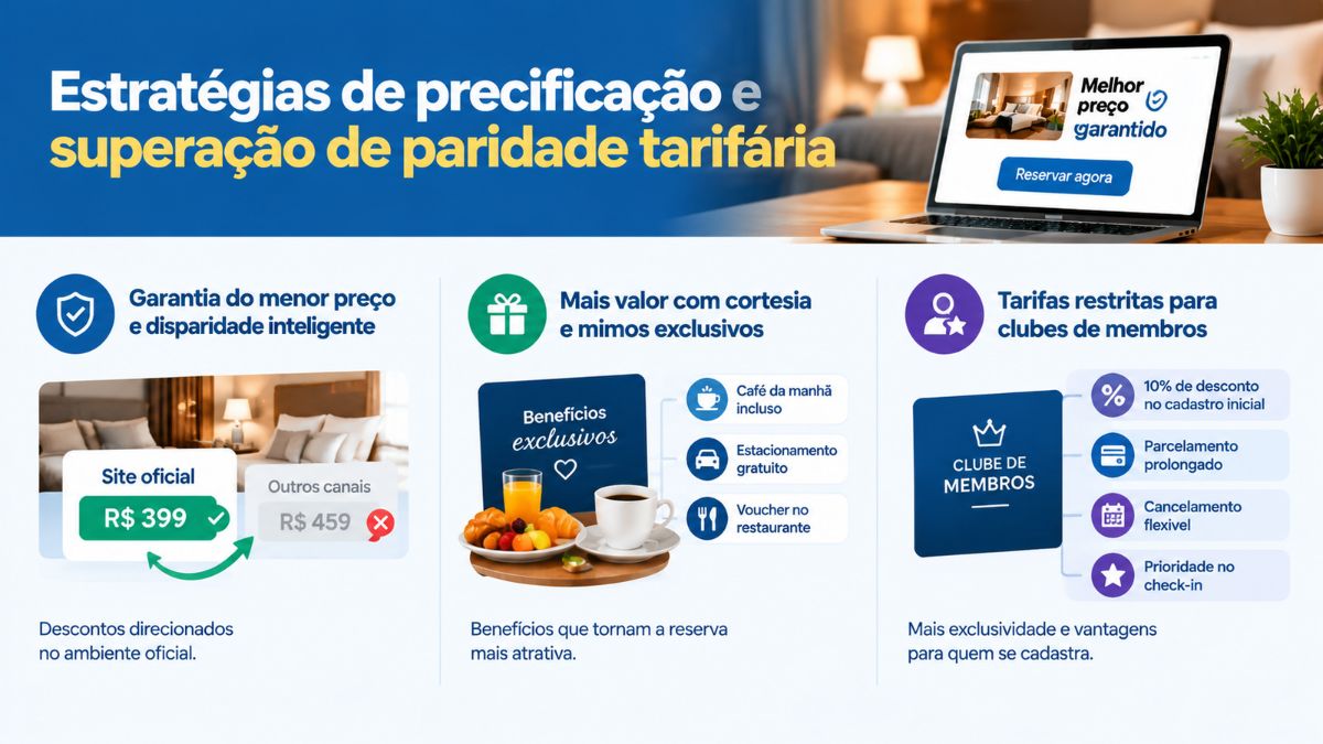 Infográfico com estratégias de precificação e superação de paridade tarifária mostrando comparação de valores entre site oficial e outros canais.