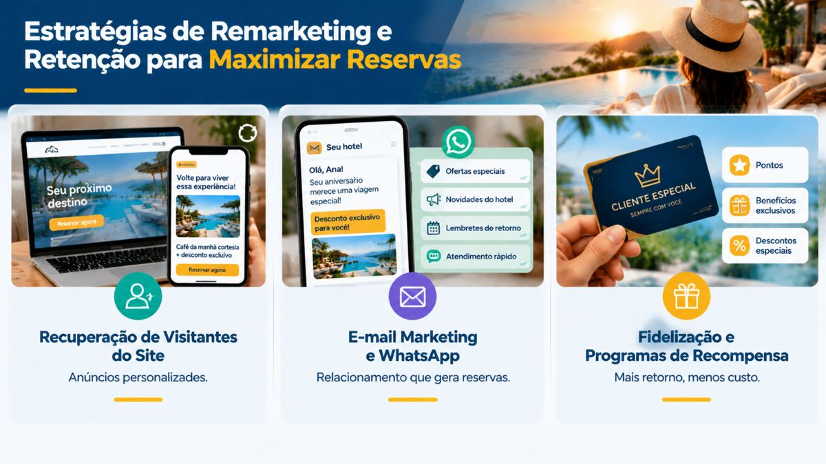 Infográfico explicativo sobre estratégias de remarketing hoteleiro com foco em recuperação de visitantes do site, e-mail marketing, mensagens no WhatsApp e programas de fidelização.