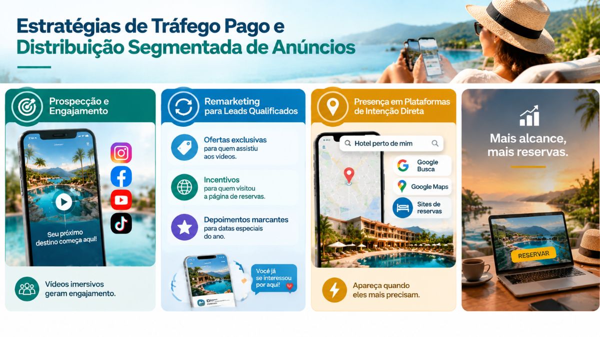Infográfico sobre estratégias de tráfego pago e distribuição segmentada de anúncios para criar uma propaganda atrativa para seu hotel no Google e redes sociais.