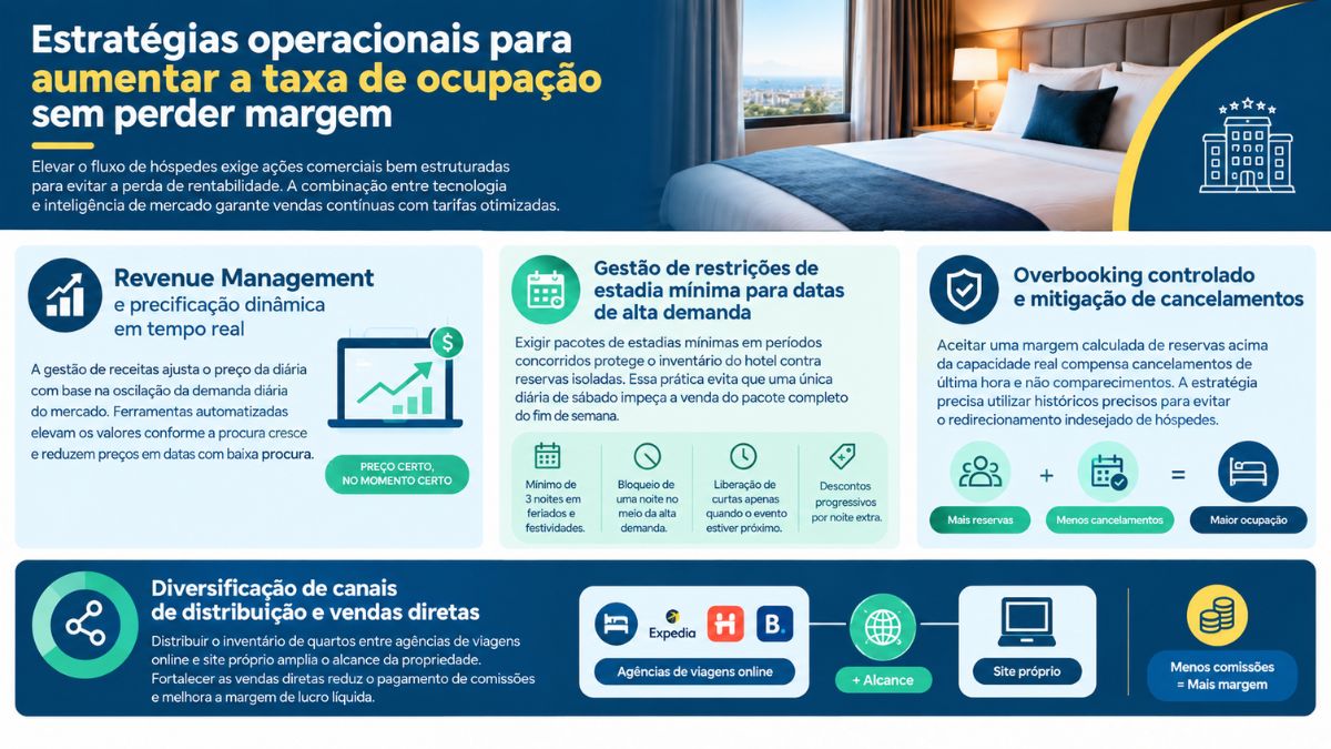 Infográfico detalhado apresentando Revenue Management, gestão de restrições de estadia mínima, overbooking controlado e diversificação de canais de distribuição.