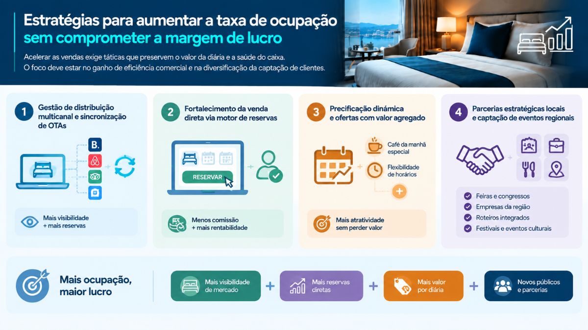 Infográfico com estratégias comerciais para aumentar a taxa de ocupação hoteleira preservando a margem de lucro por meio de distribuição multicanal, venda direta, precificação dinâmica e parcerias.