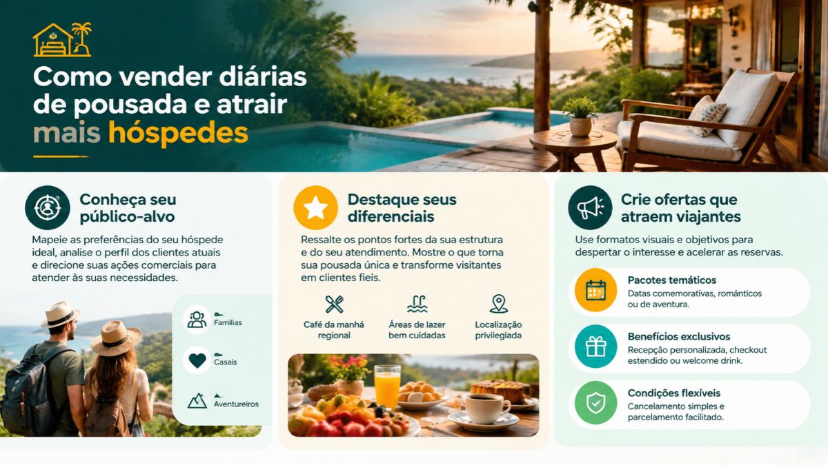 Infográfico explicativo sobre como vender diárias de pousada mostrando etapas para definir público-alvo, destacar diferenciais da estrutura e criar ofertas atrativas de hospedagem.