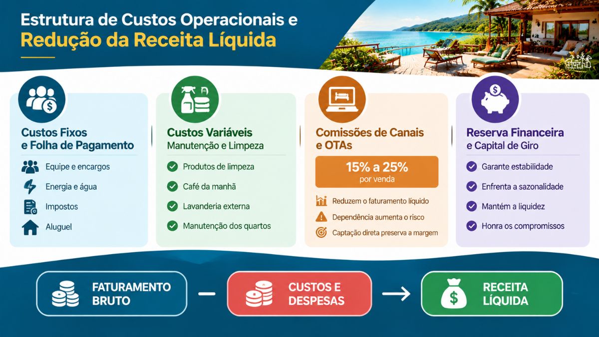 Infográfico sobre estrutura de custos operacionais em pousadas, detalhando custos fixos, custos variáveis, comissões de OTAs e reserva financeira para apuração da receita líquida.