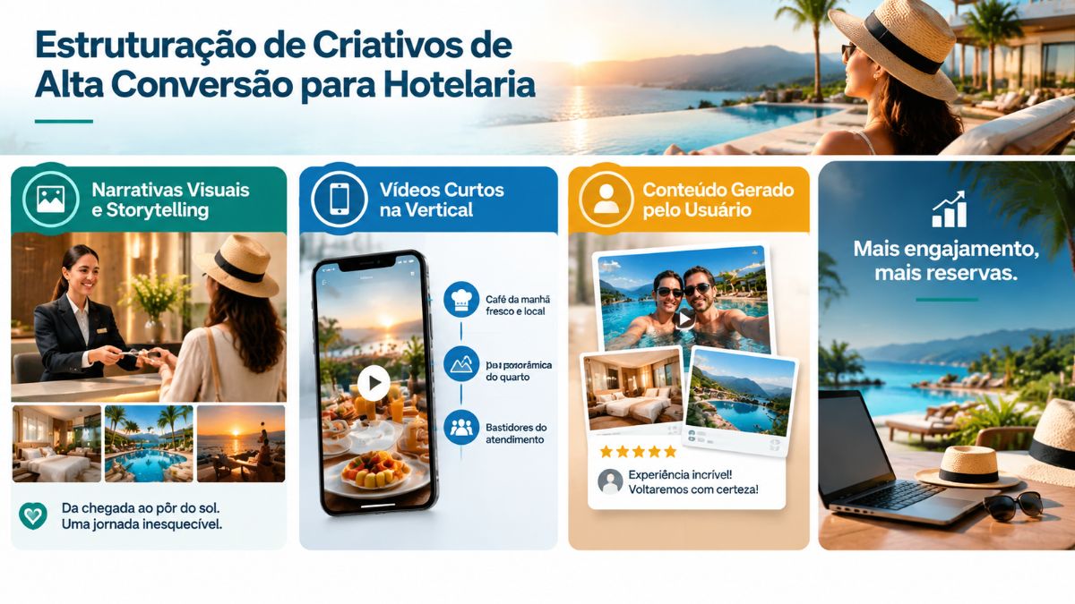 Infográfico sobre estruturação de criativos de alta conversão para hotelaria mostrando como criar uma propaganda atrativa para seu hotel com vídeos e histórias.