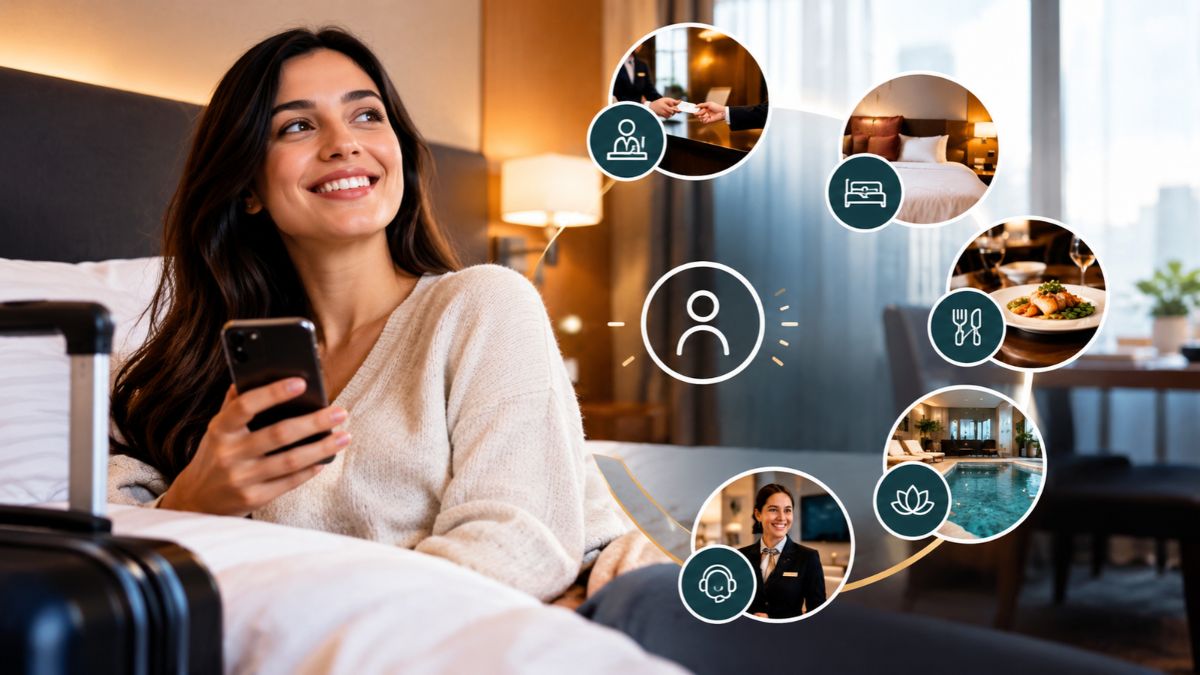 Mulher sorrindo na cama do hotel segurando um celular ao lado de ícones que representam check-in, quarto, gastronomia, lazer e atendimento ao cliente.