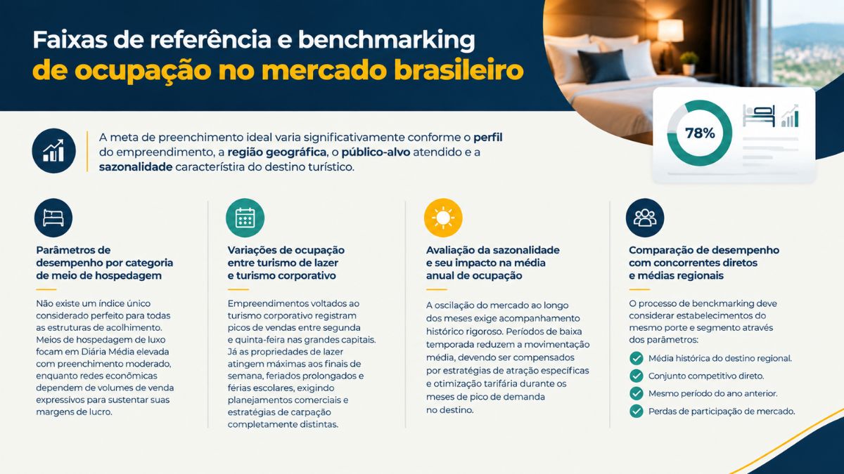 Infográfico sobre faixas de referência e benchmarking de ocupação no mercado brasileiro para comparar resultados de como calcular a taxa de ocupação de um hotel.