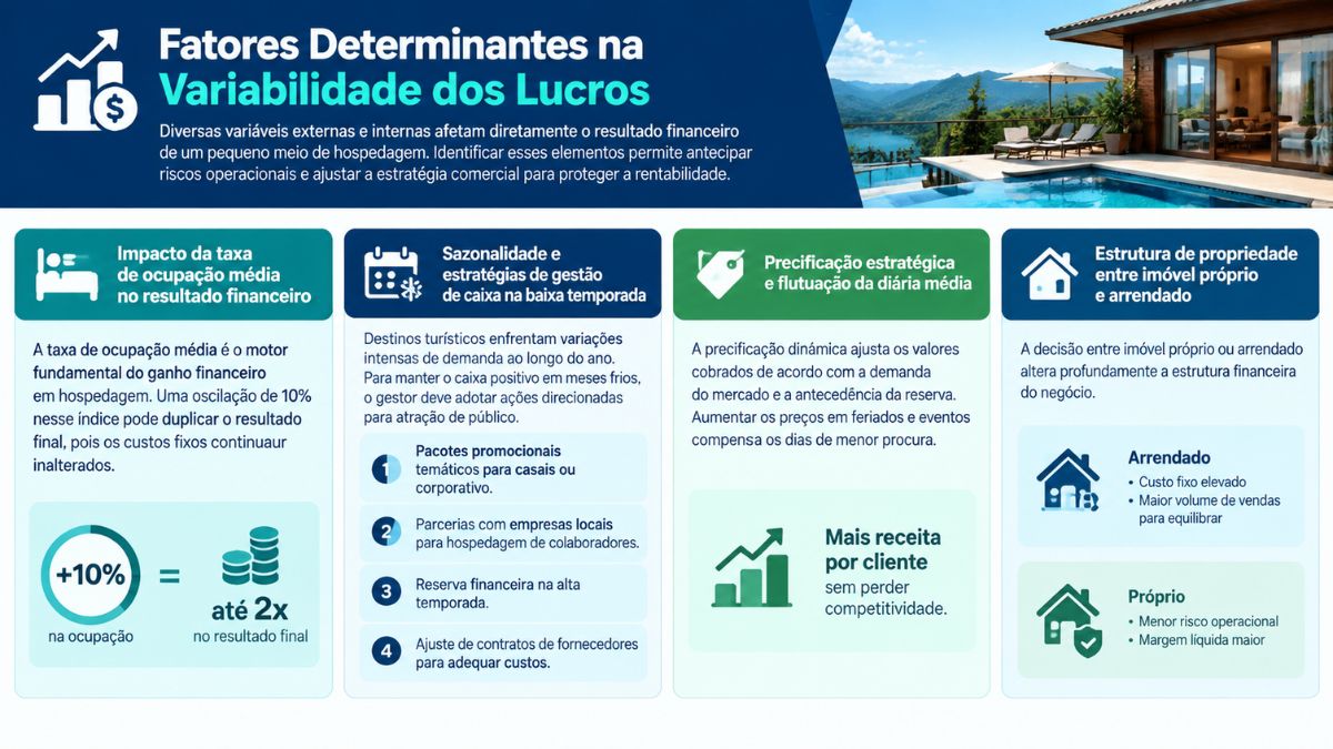 Infográfico explicativo sobre os fatores determinantes na variabilidade dos lucros de uma pousada com ocupação, sazonalidade, precificação e estrutura.
