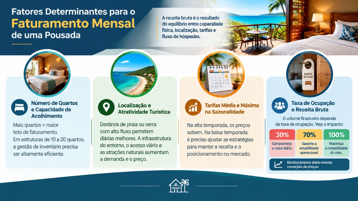 Infográfico explicativo sobre os fatores determinantes para o faturamento mensal de uma pousada, destacando número de quartos, localização, sazonalidade e taxa de ocupação.