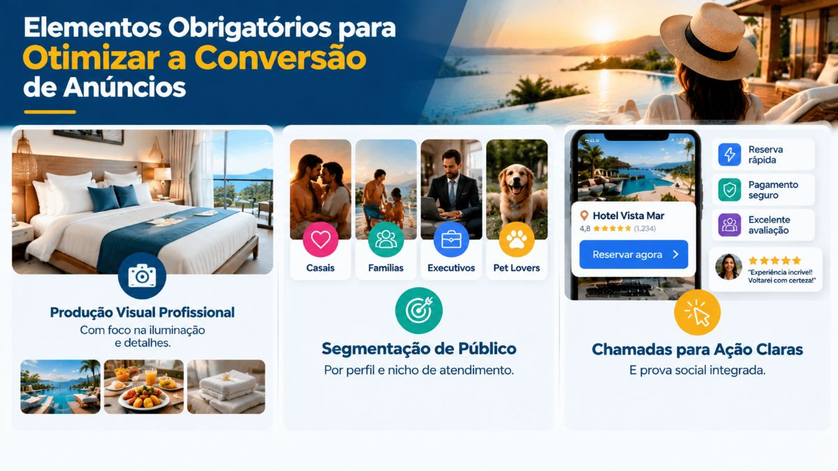 Infográfico explicativo sobre formatos de anúncios para hotéis destacando vídeos curtos nas redes sociais, depoimentos de hóspedes reais e promoção de atrativos regionais do destino.