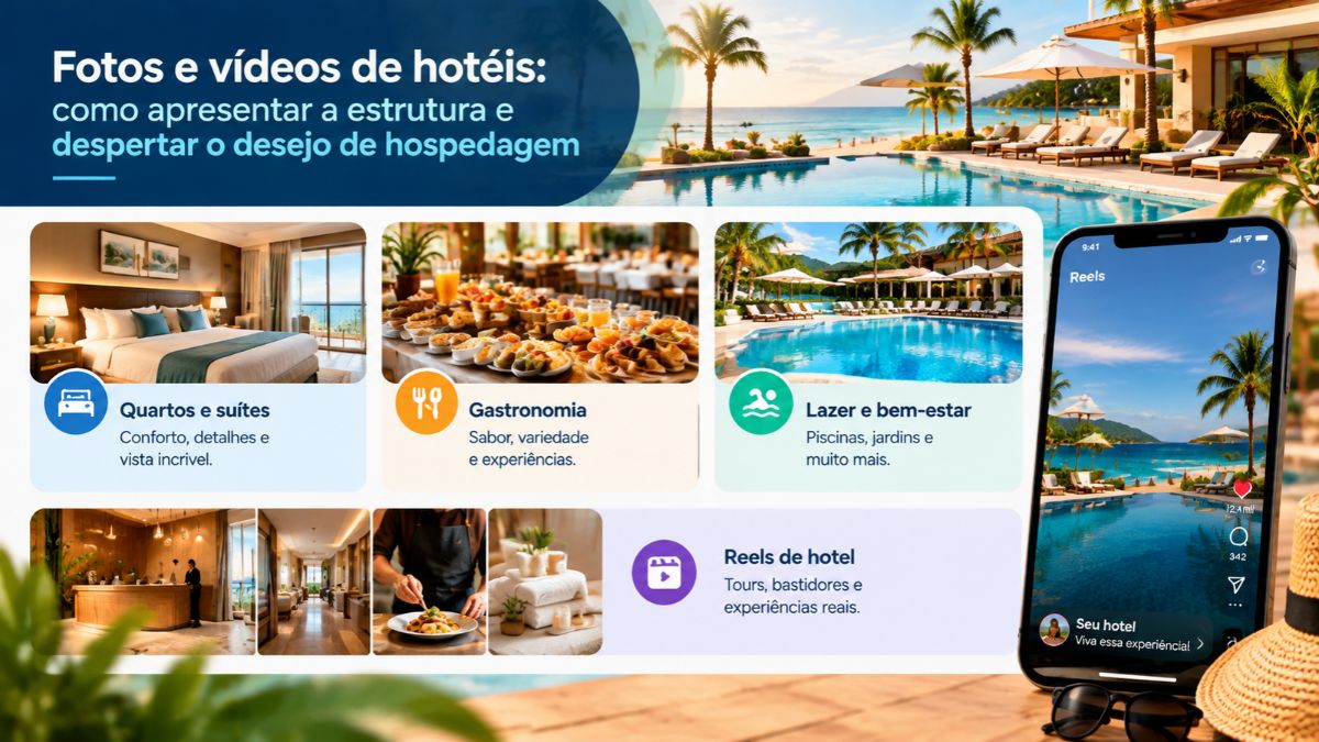 Infográfico explicativo sobre fotos e vídeos de hotéis para o Instagram destacando categorias de quartos e suítes, gastronomia, lazer e bem-estar, além de um smartphone exibindo Reels de hotel com vista para a piscina e praia.