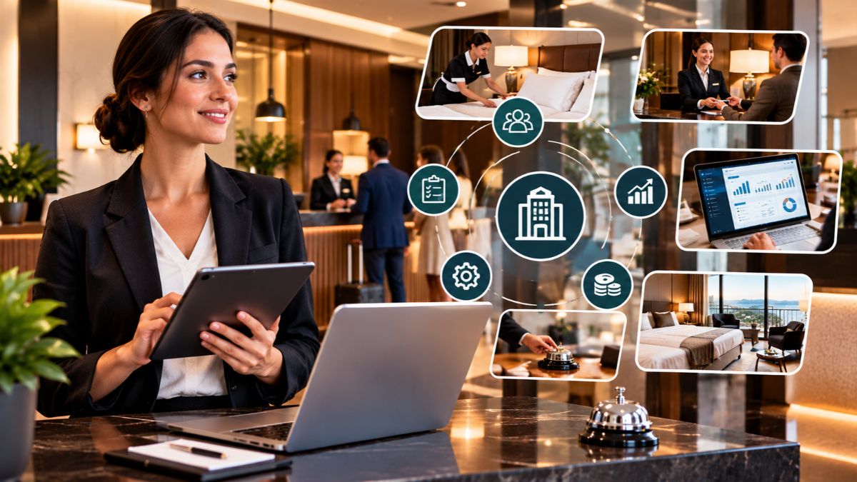 Gestora hoteleira sorrindo com tablet e notebook no lobby, cercada por ícones operacionais e imagens de governança, recepção, métricas e acomodações.