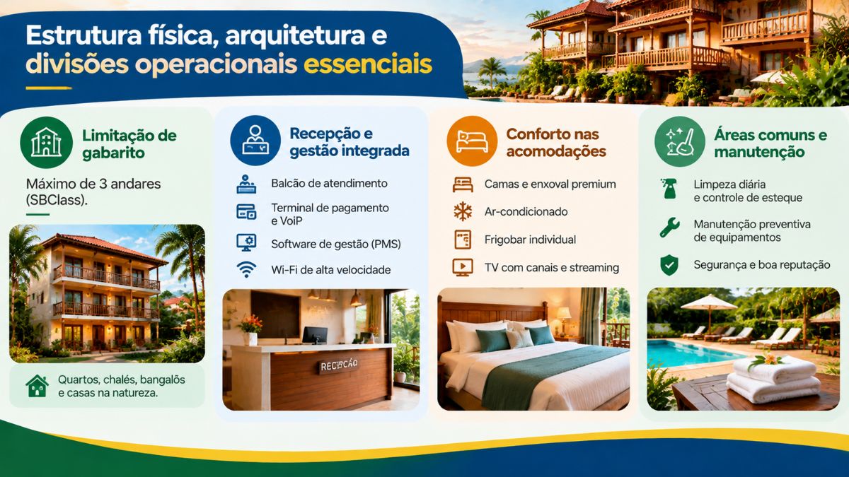 Infográfico com o título Estrutura física, arquitetura e divisões operacionais essenciais mostrando quatro colunas: limitação de gabarito com no máximo três andares segundo a classificação SBClass, recepção com balcão, terminal TEF e software PMS, conforto nas acomodações com camas premium e ar-condicionado, e áreas comuns com manutenção preventiva e piscina.