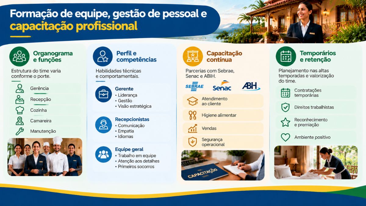 Infográfico com o título Formação de equipe, gestão de pessoal e capacitação profissional apresentando quatro seções: organograma e funções com gerência, recepção, cozinha, camareira e manutenção, perfil e competências para gerente e recepcionistas, capacitação contínua em parceria com Sebrae, Senac e ABIH, e planejamento para contratações temporárias com valorização do time.