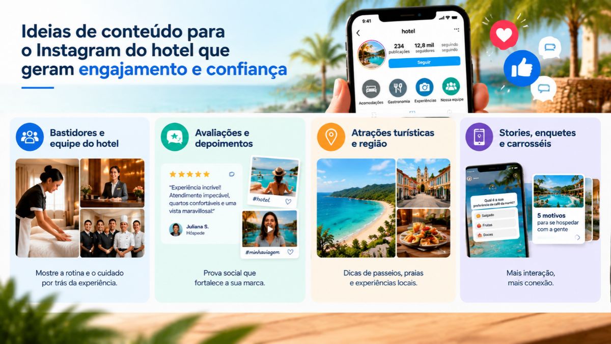 Infográfico com ideias de conteúdo para o Instagram do hotel mostrando um celular com perfil hoteleiro e blocos explicativos sobre bastidores, avaliações, atrações turísticas e Stories com enquetes.