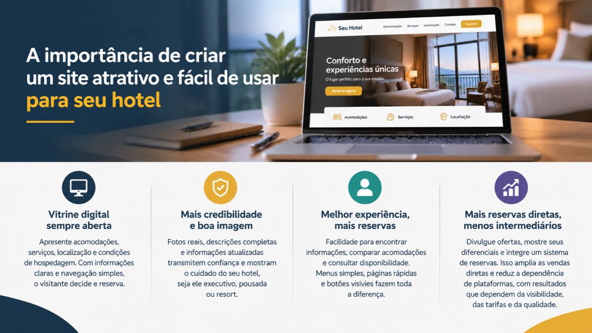 Infográfico sobre a criação de site para hotel exibindo um notebook com página de hospedagem e quatro benefícios do marketing hoteleiro.