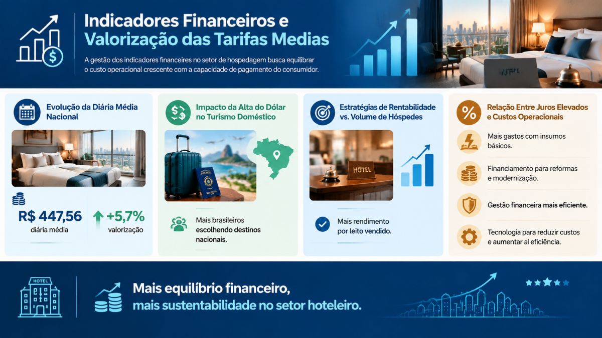 Infográfico sobre indicadores financeiros e valorização das tarifas médias no setor hoteleiro brasileiro, com dados da diária média e estratégias de rentabilidade.